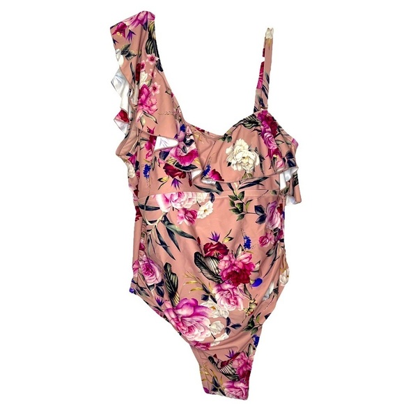Lysa Plus Size 1x 18/20 Ruffled Shoulder Floral Mauve Pink One-Piece Swimsuit - Picture 2 of 10